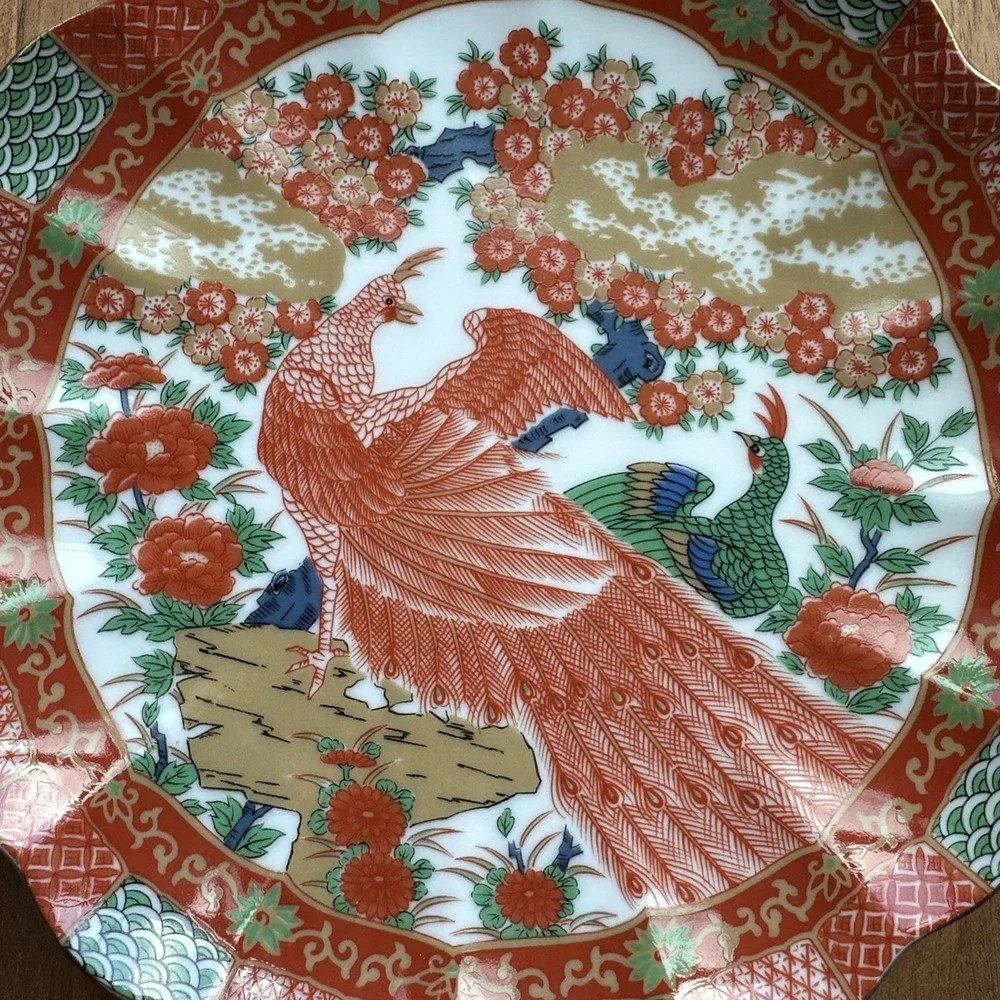 Imari Japanese Salad Plate 7 Inch Orange Green Gold Peacock Scallop Edge Signed